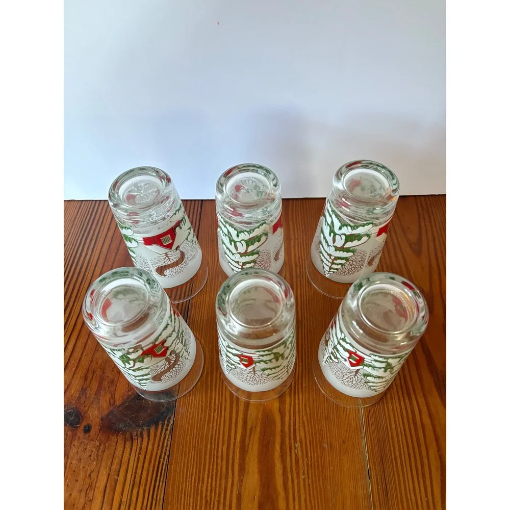 Set of 6 Vintage KIG Indonesia Christmas Tumblers‎ Glasses Frosted Winter Scene